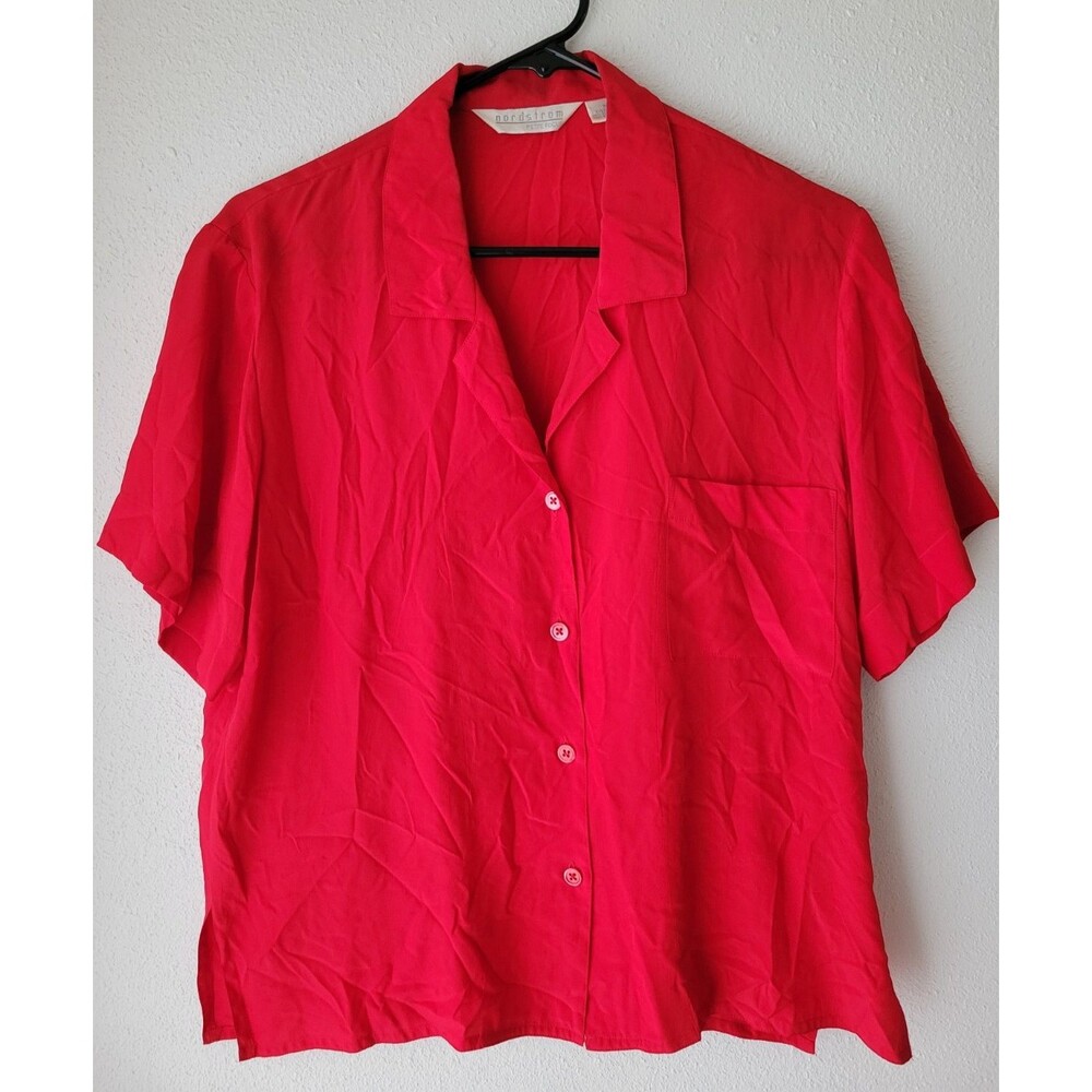 Vintage Nordstrom Petite Focus Women's 100% Silk Button Front Blouse Red 10P